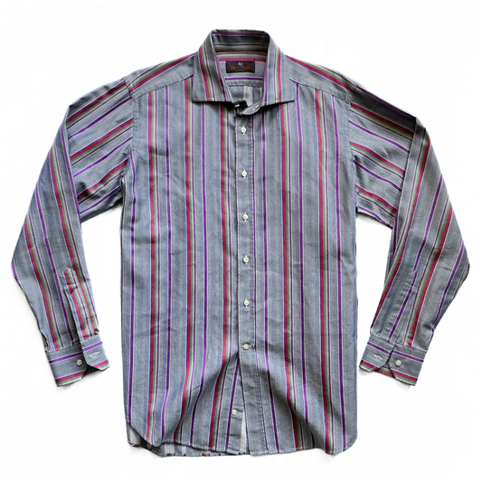 ETRO Multi Striped Button Shirt in Grey / Purple / Red / Green