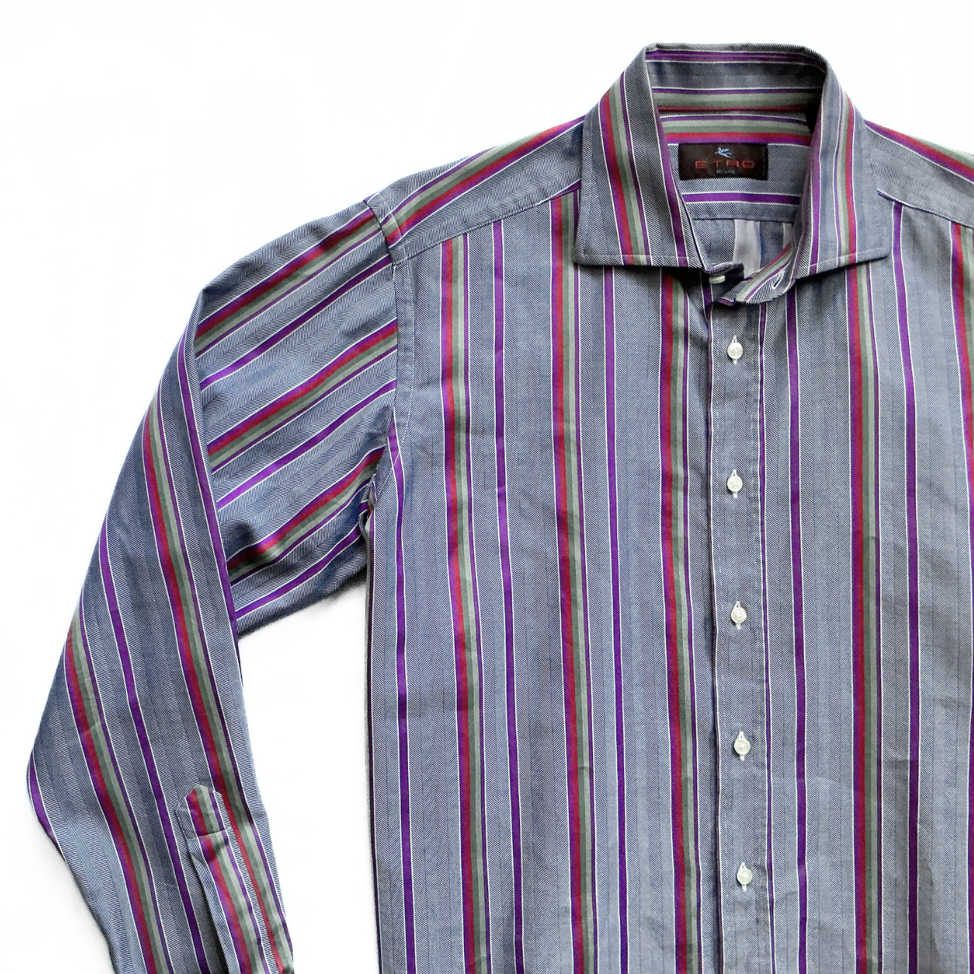 ETRO Multi Striped Button Shirt in Grey / Purple / Red / Green