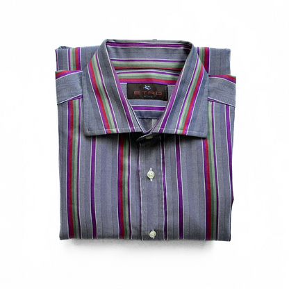 ETRO Multi Striped Button Shirt in Grey / Purple / Red / Green