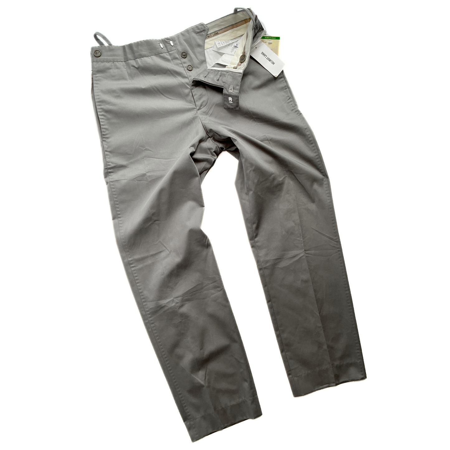 Early 2000s Archive Helmut Lang Retro High Tech Light Chino Pants in Metallic Grey