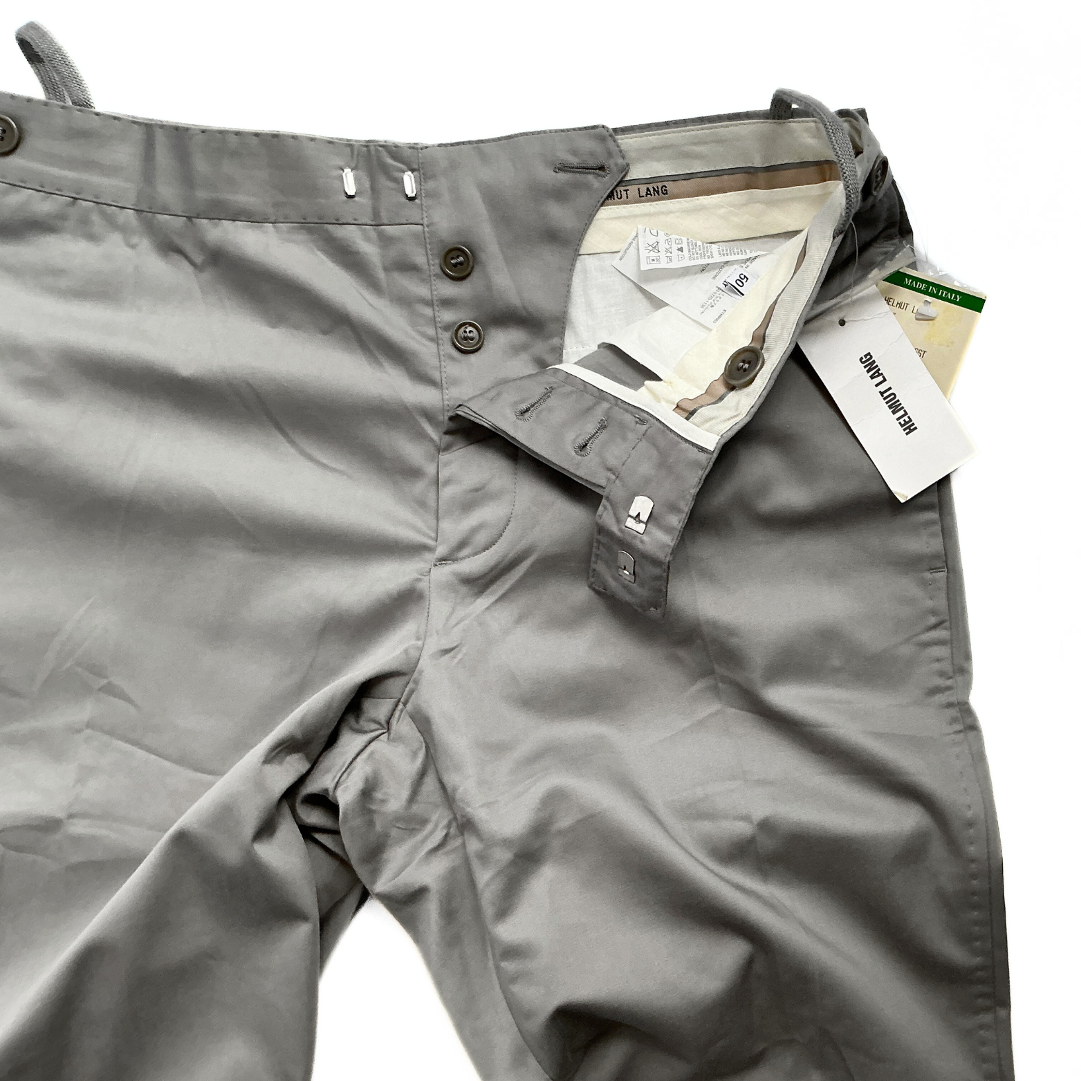 Early 2000s Archive Helmut Lang Retro High Tech Light Chino Pants in Metallic Grey