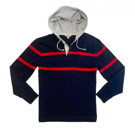 J. Crew Hooded Rugby Shirt in Navy / Red Stripe / Grey