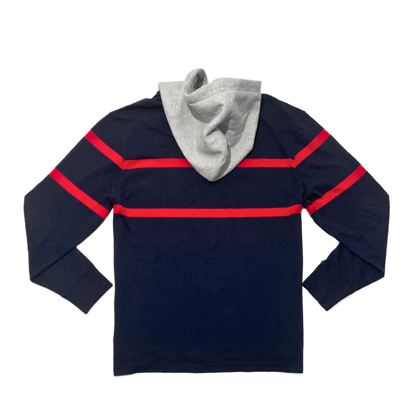 J. Crew Hooded Rugby Shirt in Navy / Red Stripe / Grey