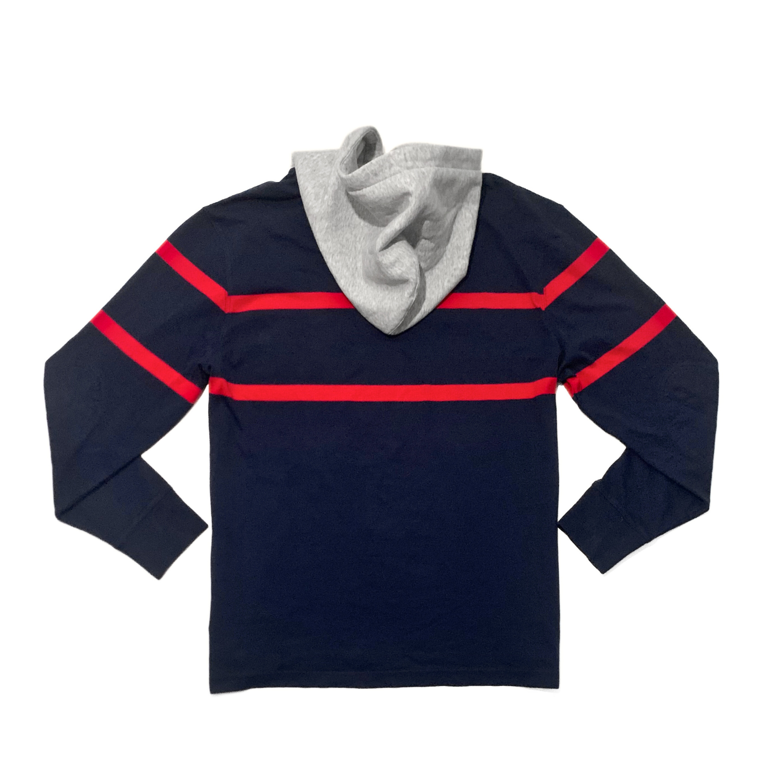 J. Crew Hooded Rugby Shirt in Navy / Red Stripe / Grey