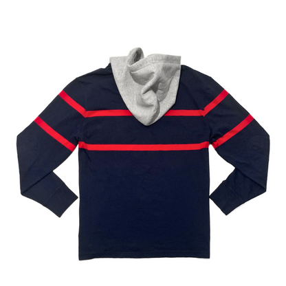 J. Crew Hooded Rugby Shirt in Navy / Red Stripe / Grey