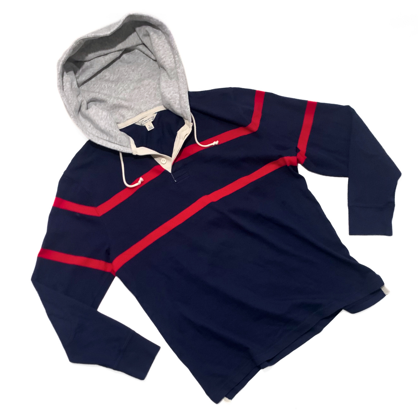 J. Crew Hooded Rugby Shirt in Navy / Red Stripe / Grey