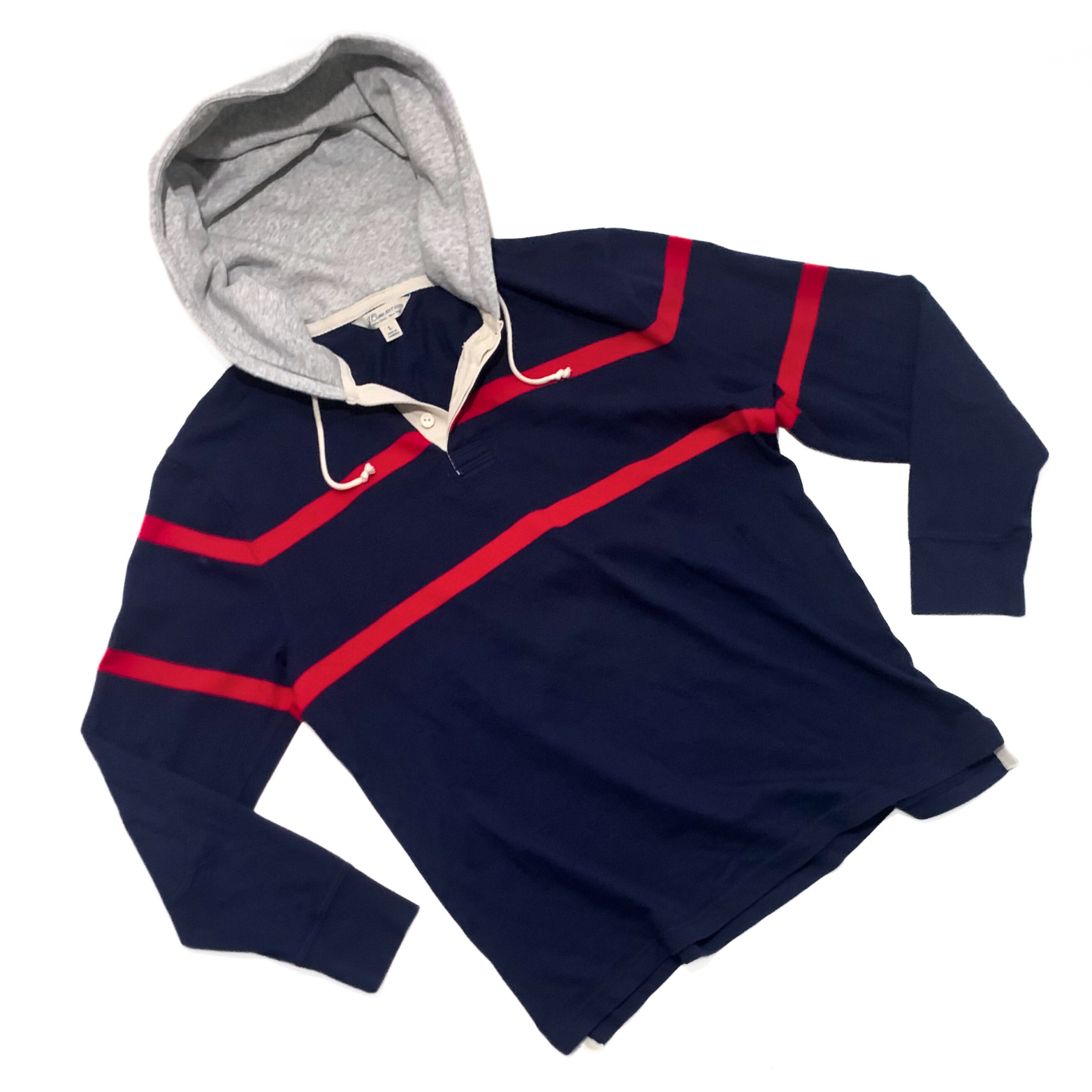 J. Crew Hooded Rugby Shirt in Navy / Red Stripe / Grey