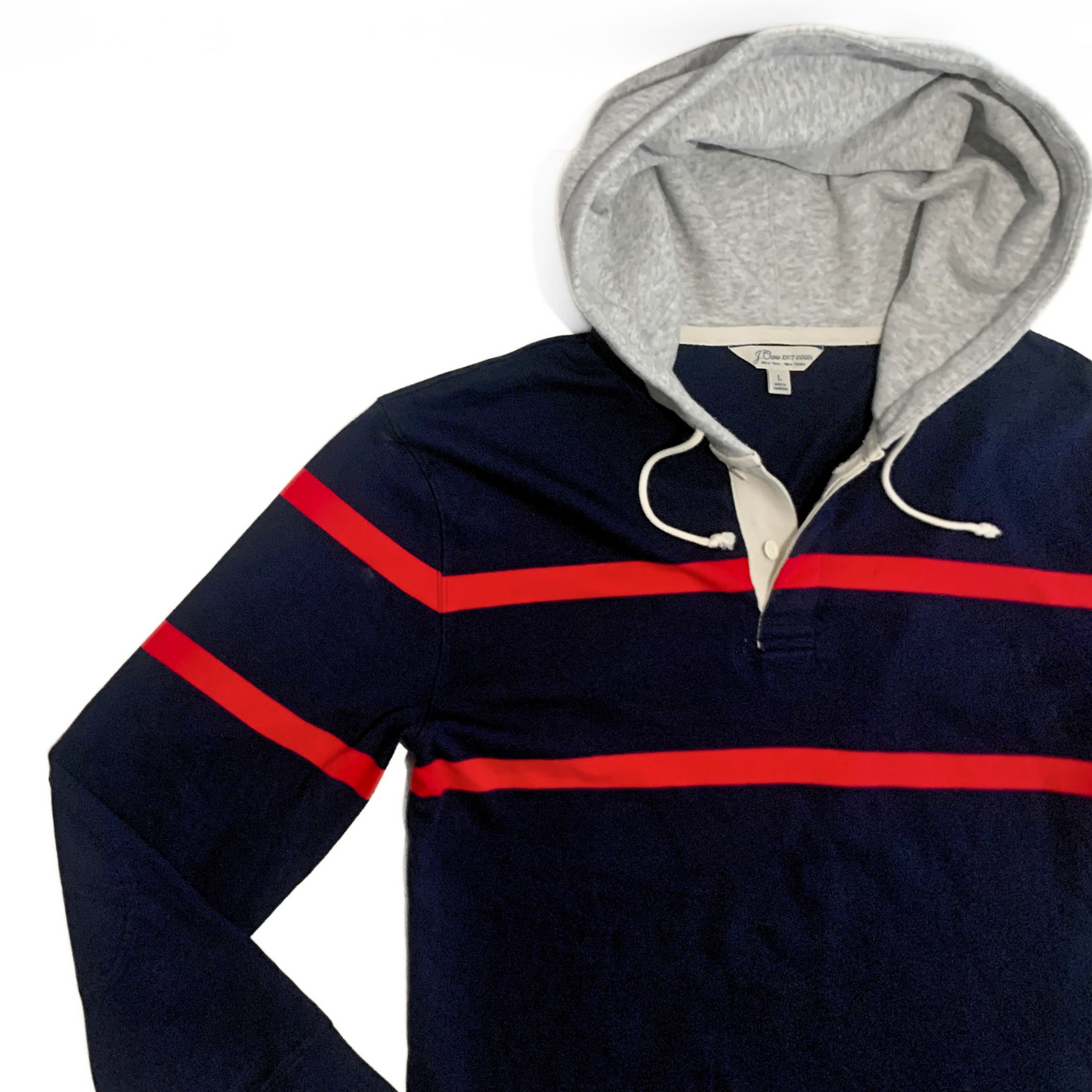 J. Crew Hooded Rugby Shirt in Navy / Red Stripe / Grey
