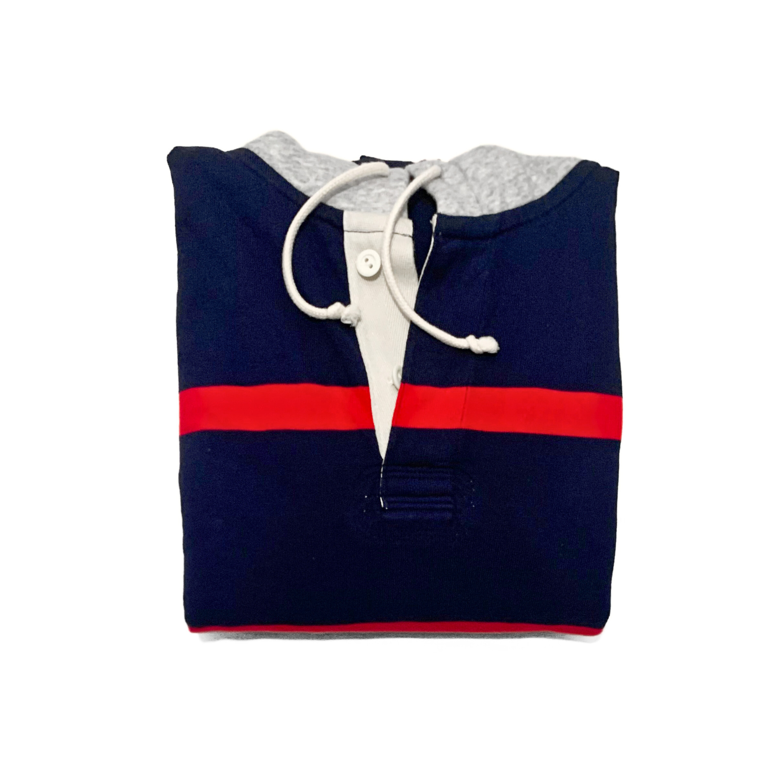J. Crew Hooded Rugby Shirt in Navy / Red Stripe / Grey