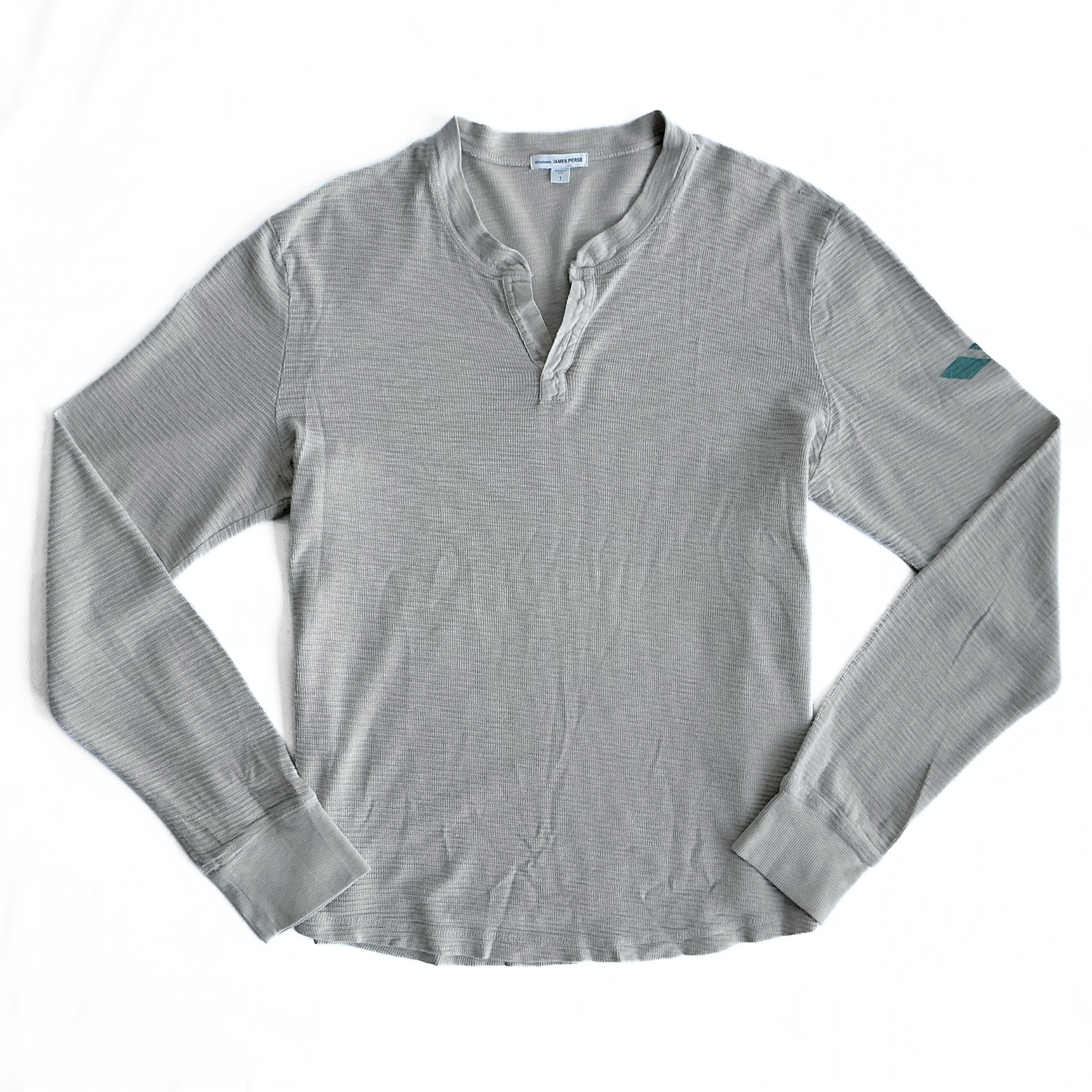James Perse Waffle Henley T-Shirt in Grey / Navy / Turqoise