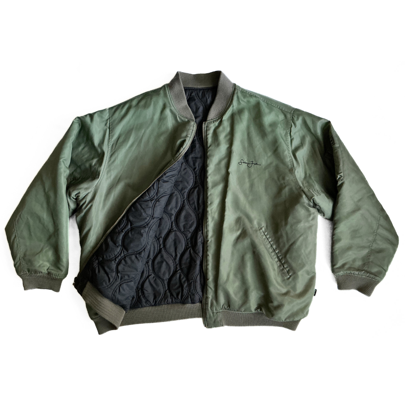 Sean John Reversible Aviator Jacket in Military Green / Black