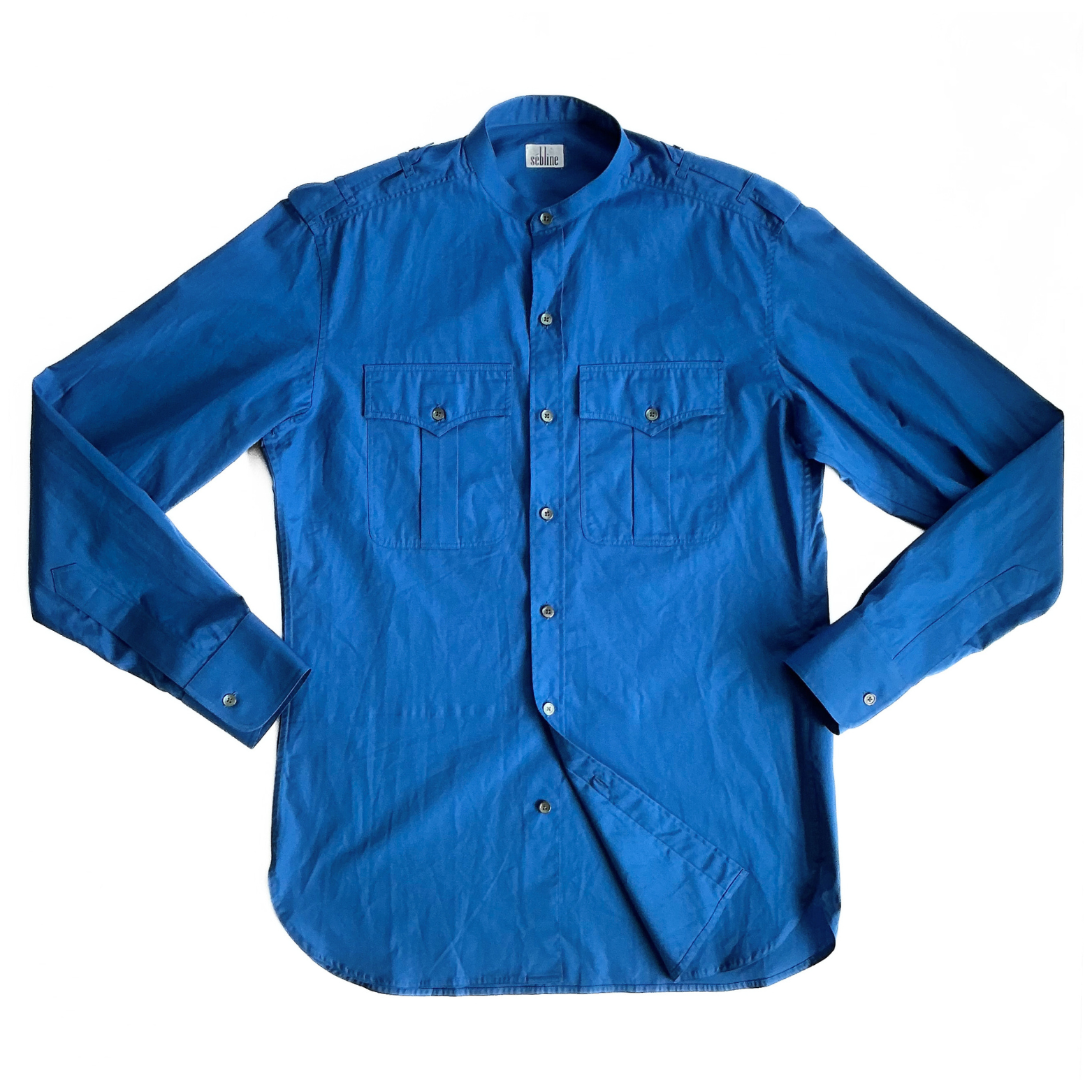 Sébline Safari Grandad-Collar Cotton-Poplin Shirt in Blue