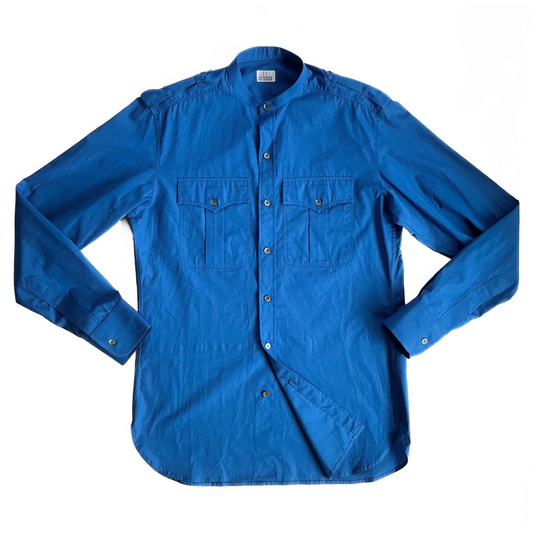 Sébline Safari Grandad-Collar Cotton-Poplin Shirt in Blue