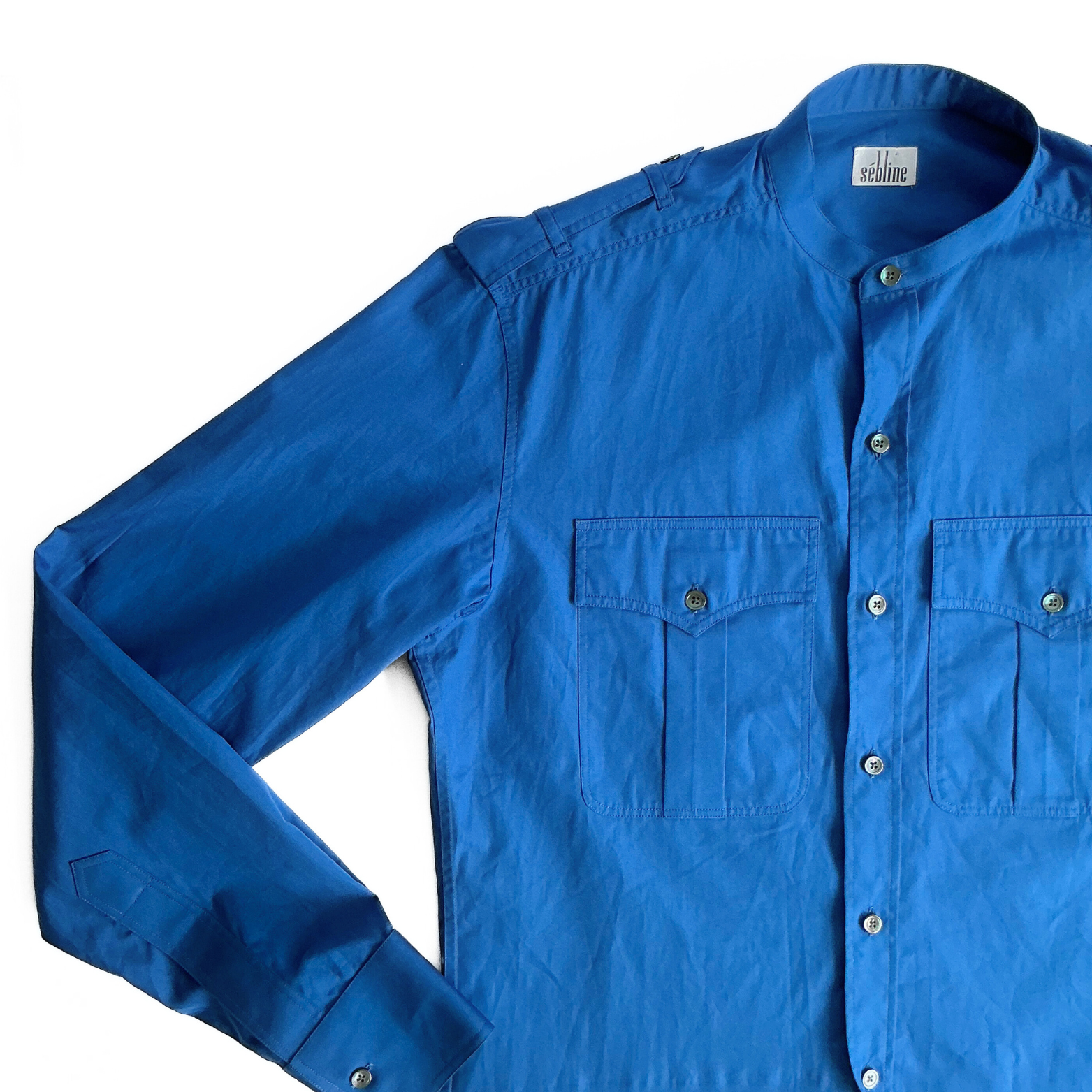 Sébline Safari Grandad-Collar Cotton-Poplin Shirt in Blue