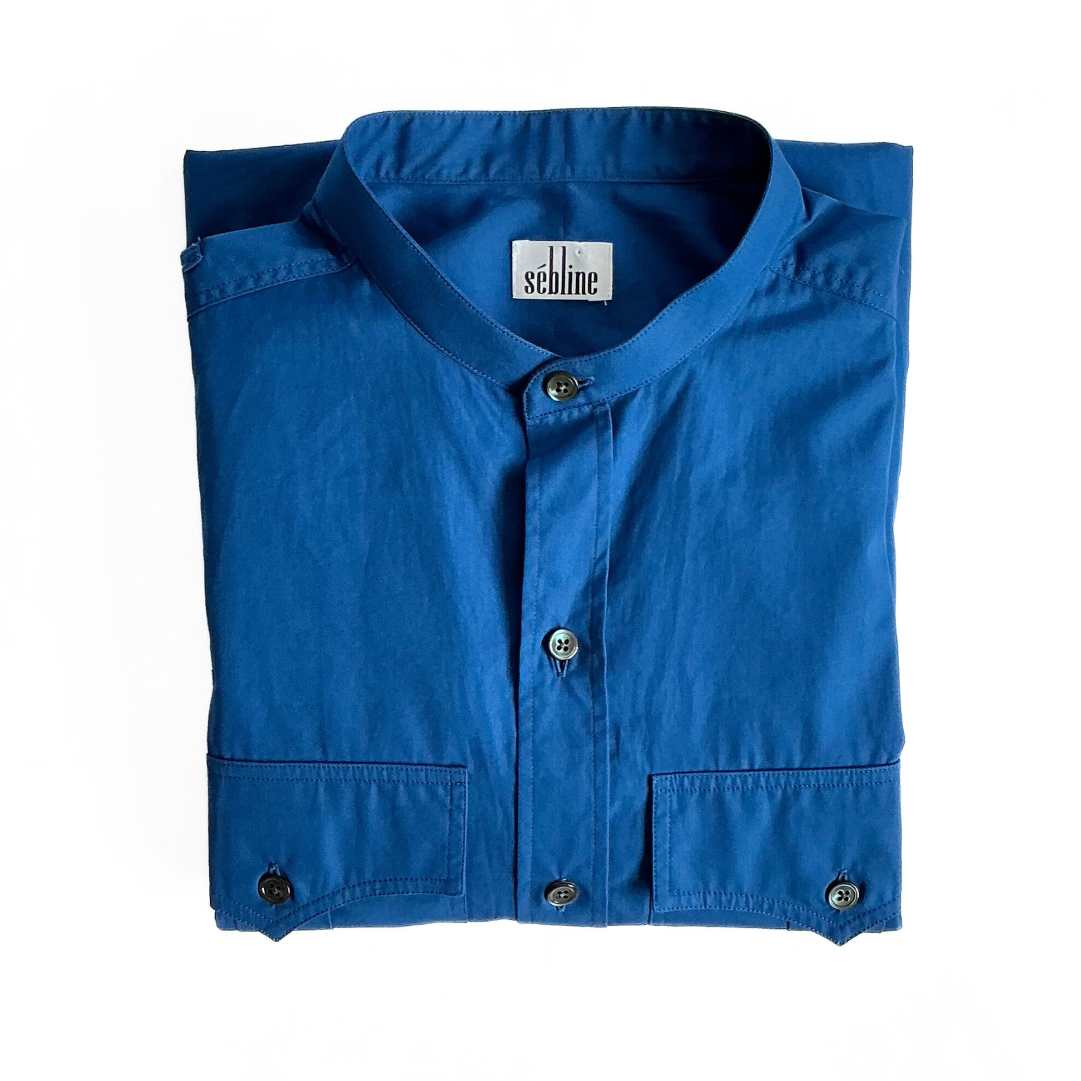 Sébline Safari Grandad-Collar Cotton-Poplin Shirt in Blue