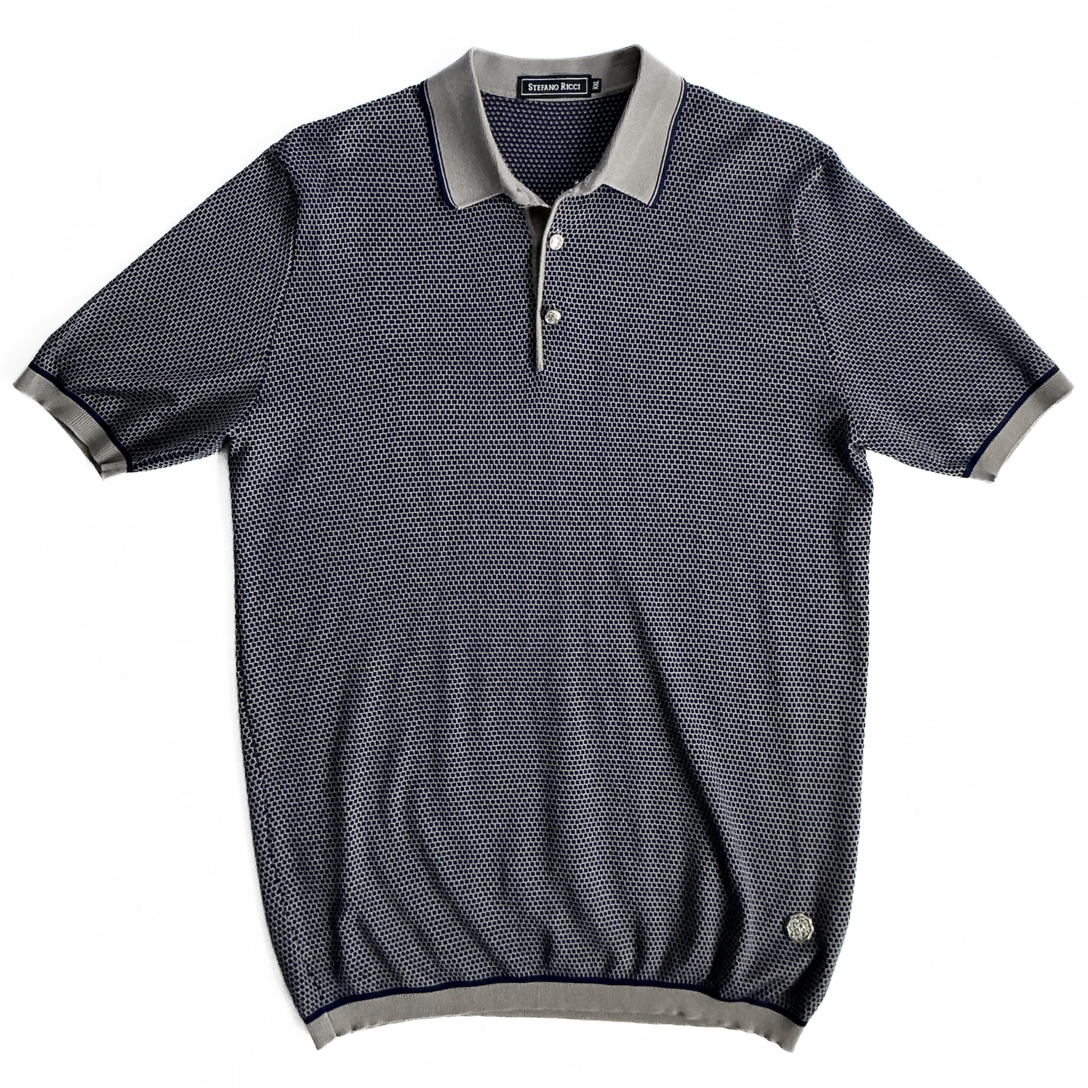 Stefano Ricci Knitted Polo Shirt in Midnight Blue / Beige