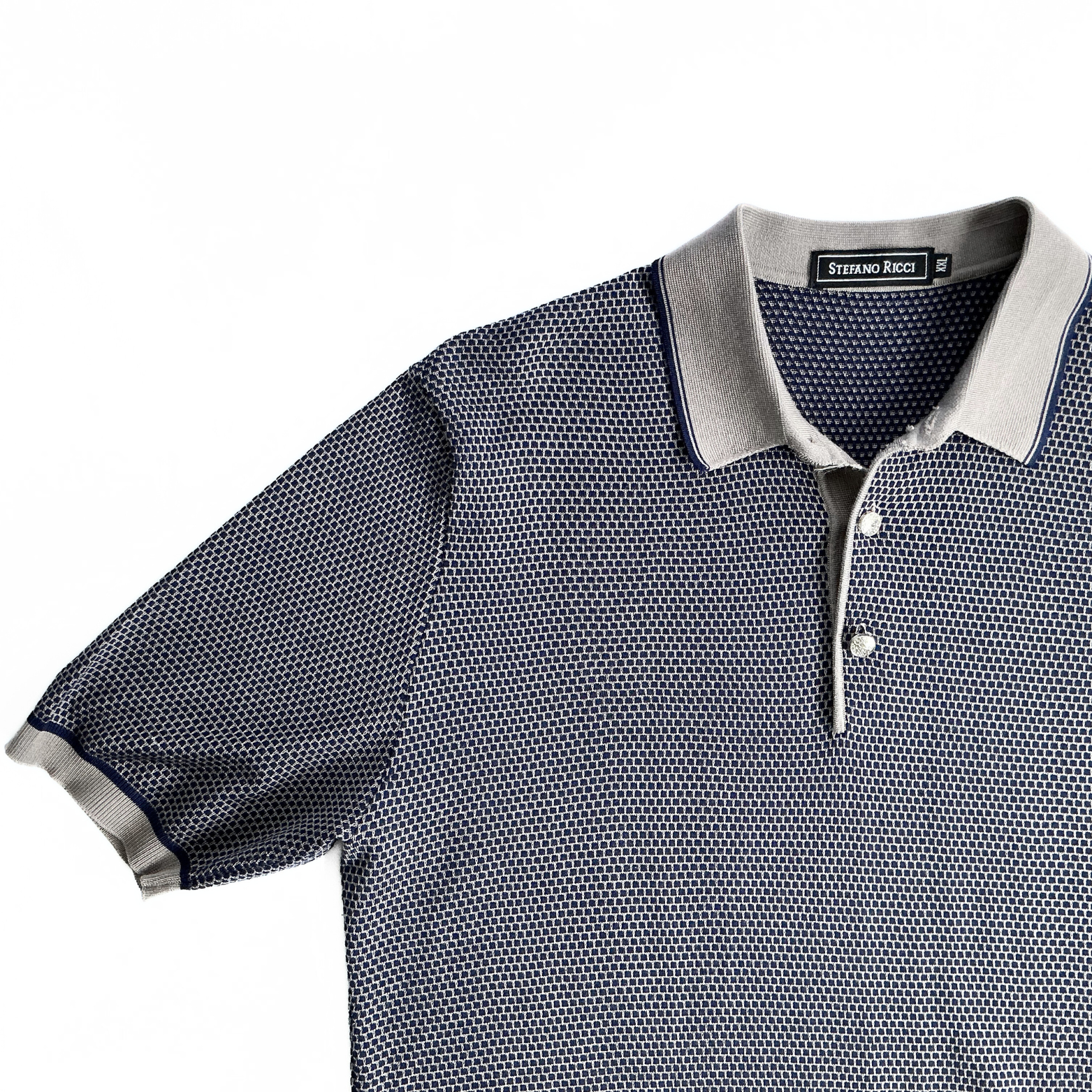 Stefano Ricci Knitted Polo Shirt in Midnight Blue / Beige