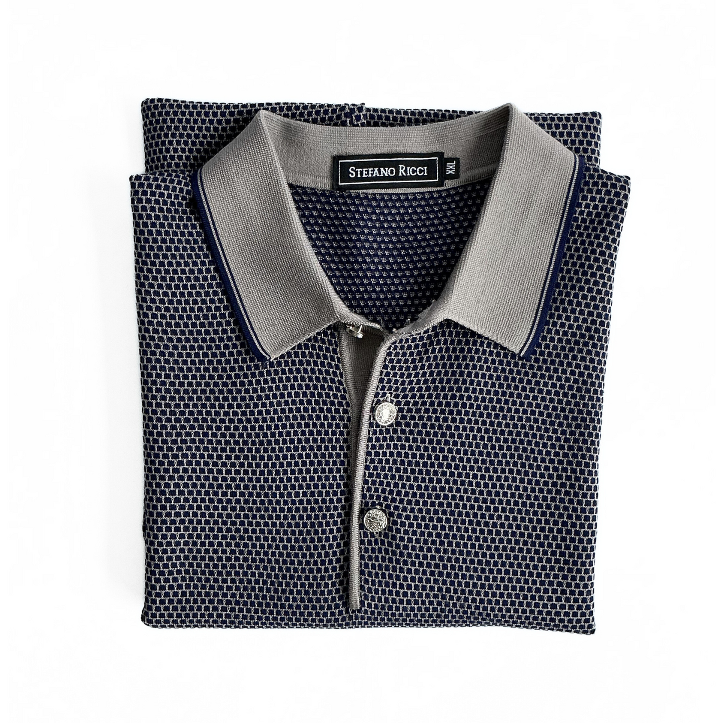 Stefano Ricci Knitted Polo Shirt in Midnight Blue / Beige