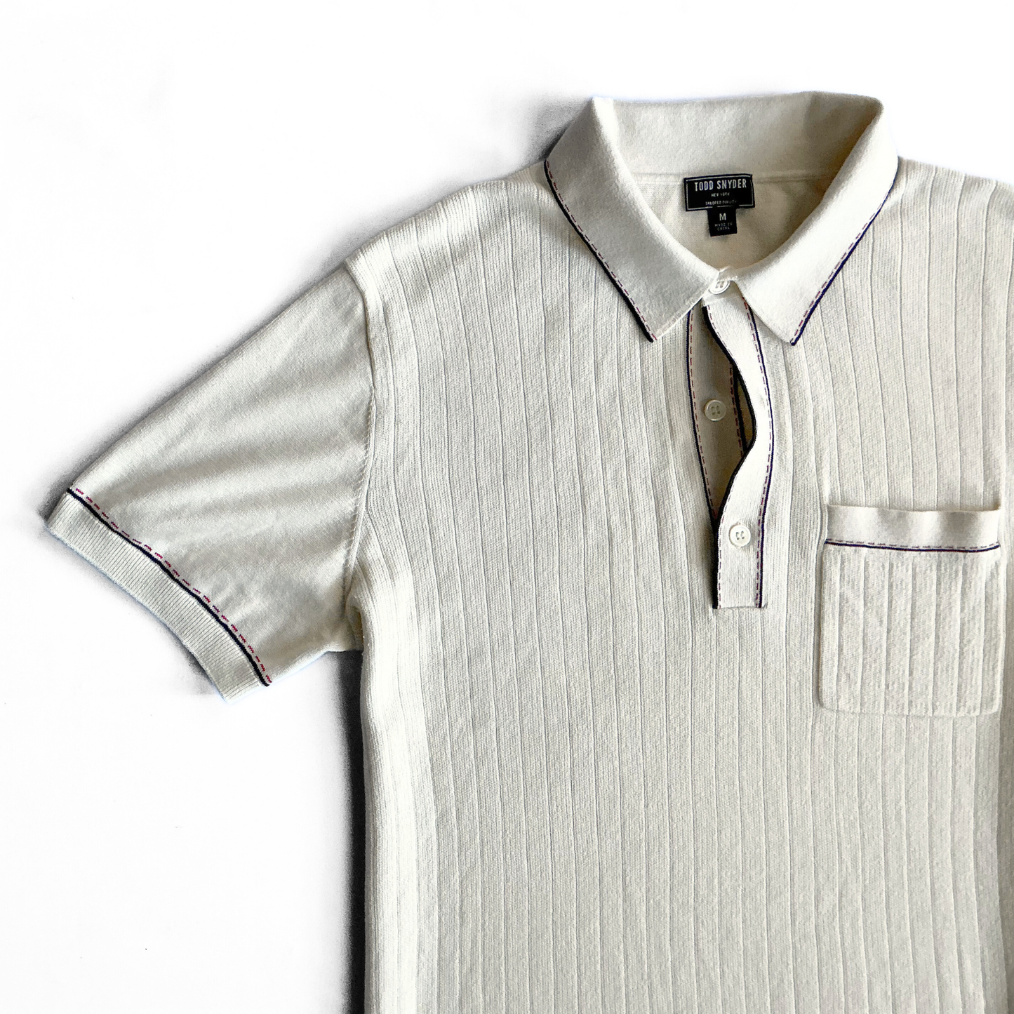 Todd Snyder Knitted Polo Shirt in White / Blue / Red